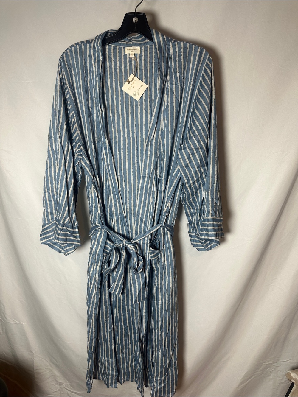 World Market Blue and White Striped Cotton Robe with Tie